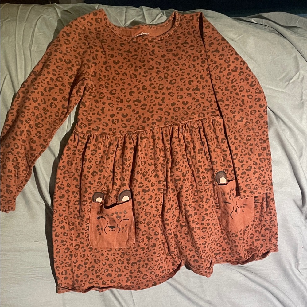Leopard Print Long Sleeve Dress with Bear Pockets